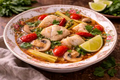 Острый тайский суп с белой рыбой, лемонграссом, лаймом и ароматом каффир-лайма.