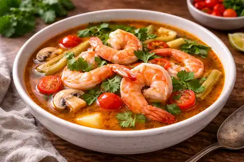 Острый и ароматный тайский суп с креветками, лемонграссом, лаймом и ярким кисло-пряным вкусом.