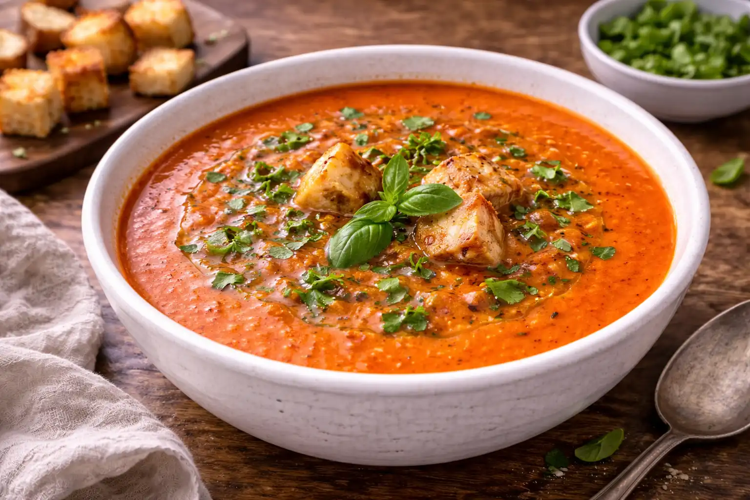 Нежный крем-суп из томатов с базиликом, чесноком и сливочной текстурой.