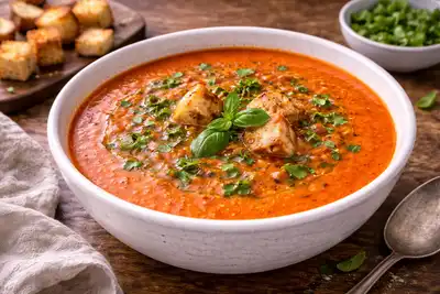 Нежный крем-суп из томатов с базиликом, чесноком и сливочной текстурой.