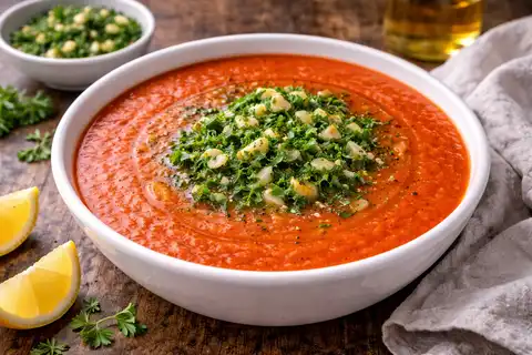Яркий томатный суп с ароматной гремолатой и свежей кислинкой.