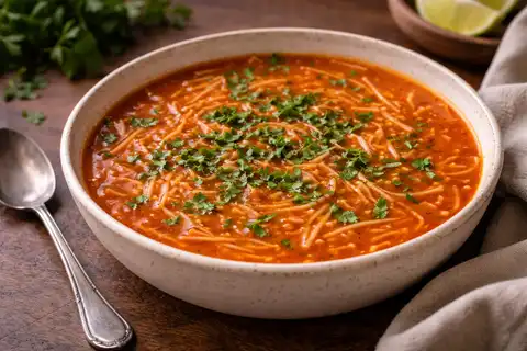 Традиционный мексиканский томатный суп с тонкой вермишелью, чесноком и мягкими пряными нотами.
