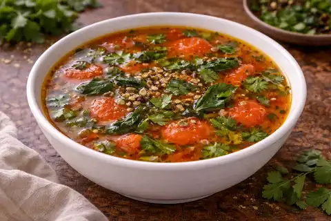 Лёгкий и пряный индийский суп на томатах, тамаринде и специях.