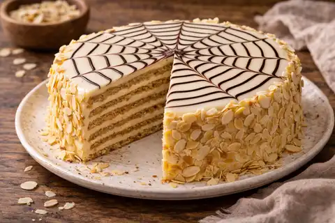 Многослойный миндально-ореховый торт с масляным кремом и фирменной паутинкой глазури.