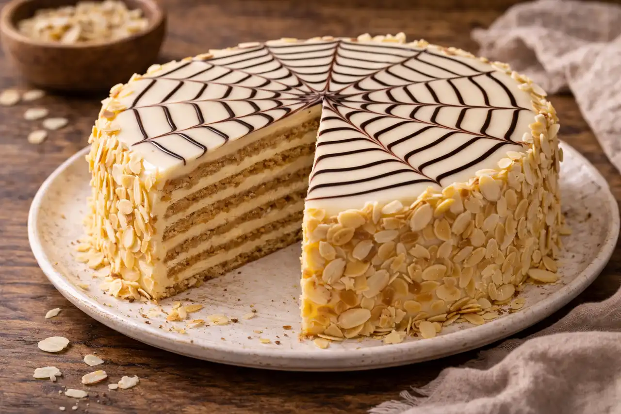 Многослойный миндально-ореховый торт с масляным кремом и фирменной паутинкой глазури.