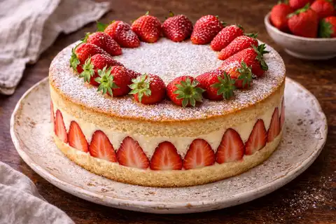 Французский торт с нежным бисквитом, клубникой и шелковистым кремом муслин в классической подаче.