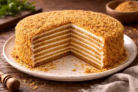 Классический многослойный медовый торт со сметанным кремом и мягкой карамельной нотой.