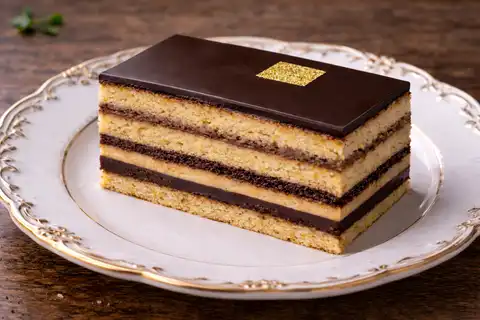 Французский многослойный торт с миндальным бисквитом, кофейным кремом и шоколадной глазурью.