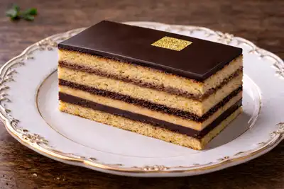 Французский многослойный торт с миндальным бисквитом, кофейным кремом и шоколадной глазурью.