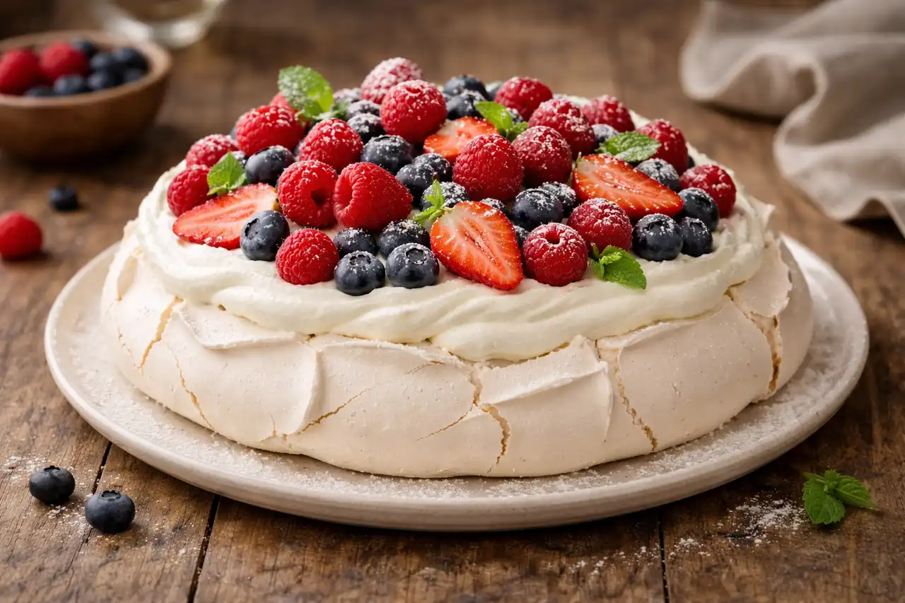 Воздушный десерт из хрустящей меренги, взбитых сливок и свежих ягод.