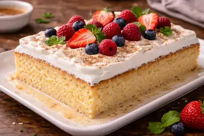 Нежный бисквитный торт, пропитанный смесью трёх видов молока и покрытый сливочным кремом.