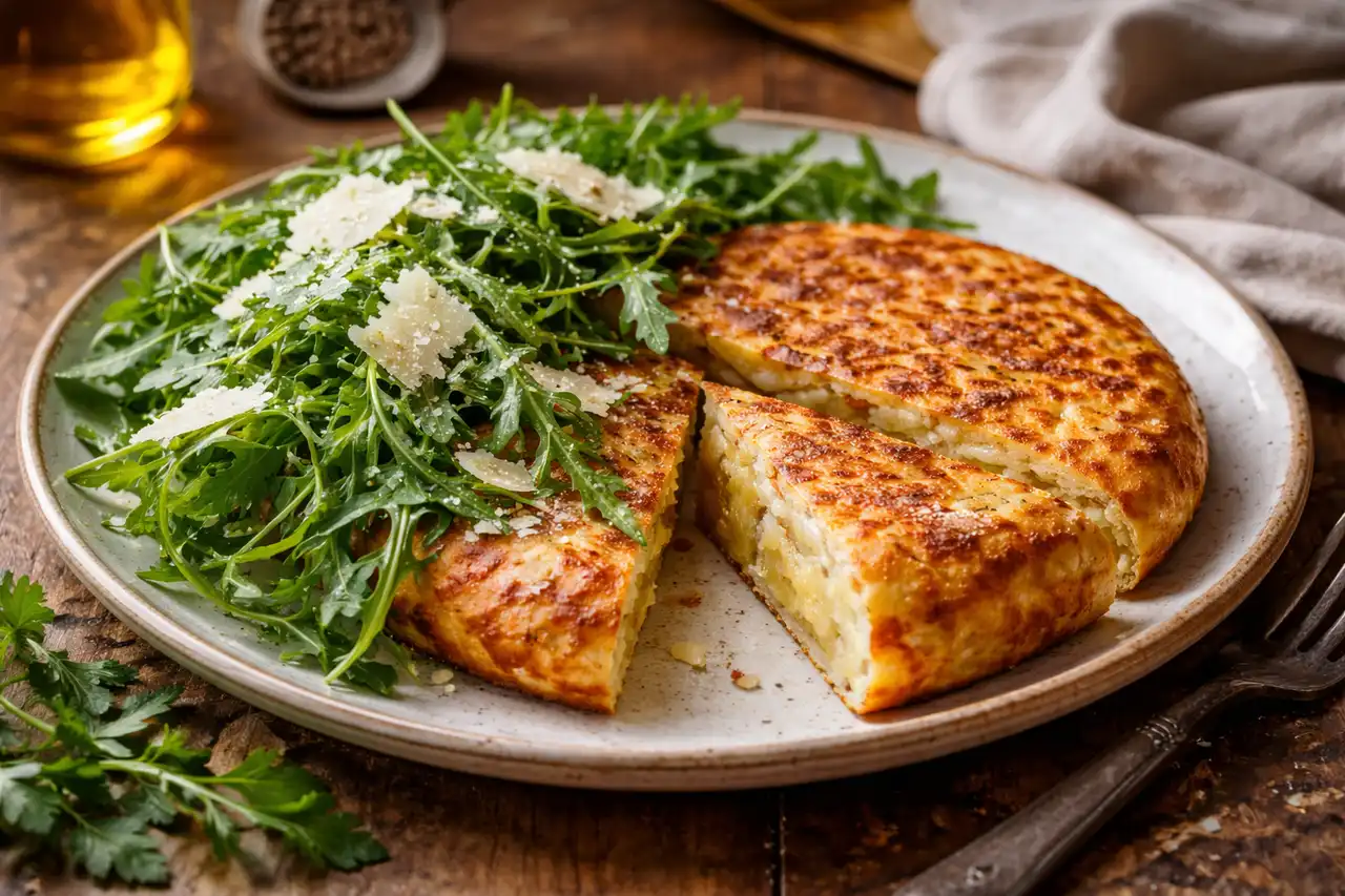 Испанская тортилья с картофелем и луком, поданная с руколой и пармезаном.