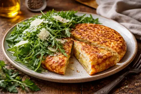 Испанская тортилья с картофелем и луком, поданная с руколой и пармезаном.