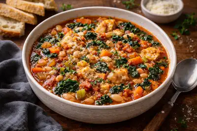 Густой тосканский суп с овощами, белой фасолью и хлебом.