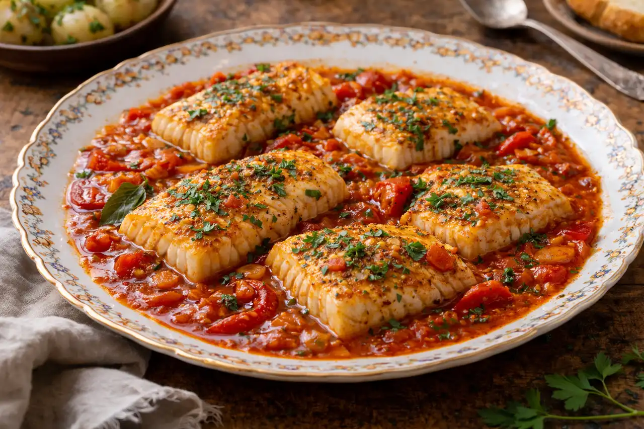 Испанская треска, тушённая в томатно-перечном соусе с паприкой и оливковым маслом.