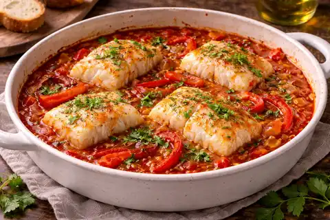 Нежная белая рыба в насыщенном томатно-перечном соусе с чесноком и оливковым маслом в баскском стиле.