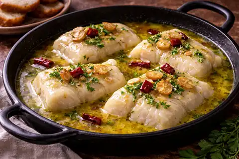 Треска в классическом баскском соусе пиль-пиль на основе оливкового масла, чеснока и сока рыбы.