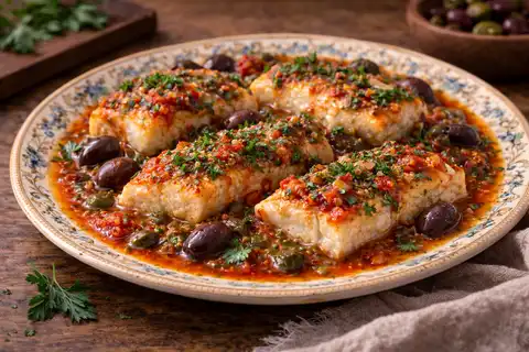 Нежная треска, тушённая в ярком томатном соусе с оливками, каперсами и чесноком.