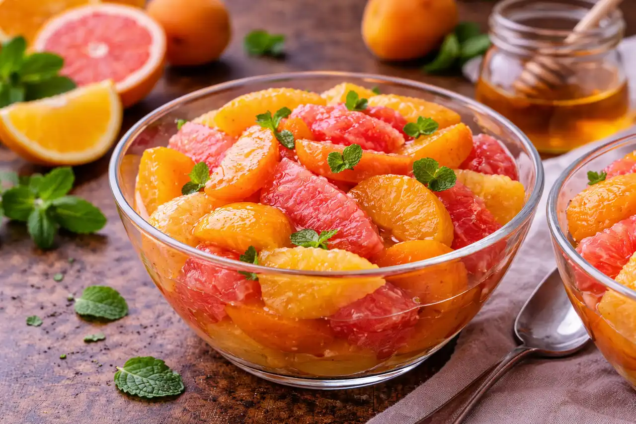 Освежающий фруктовый десерт из грейпфрута, апельсина и абрикоса с мёдом.