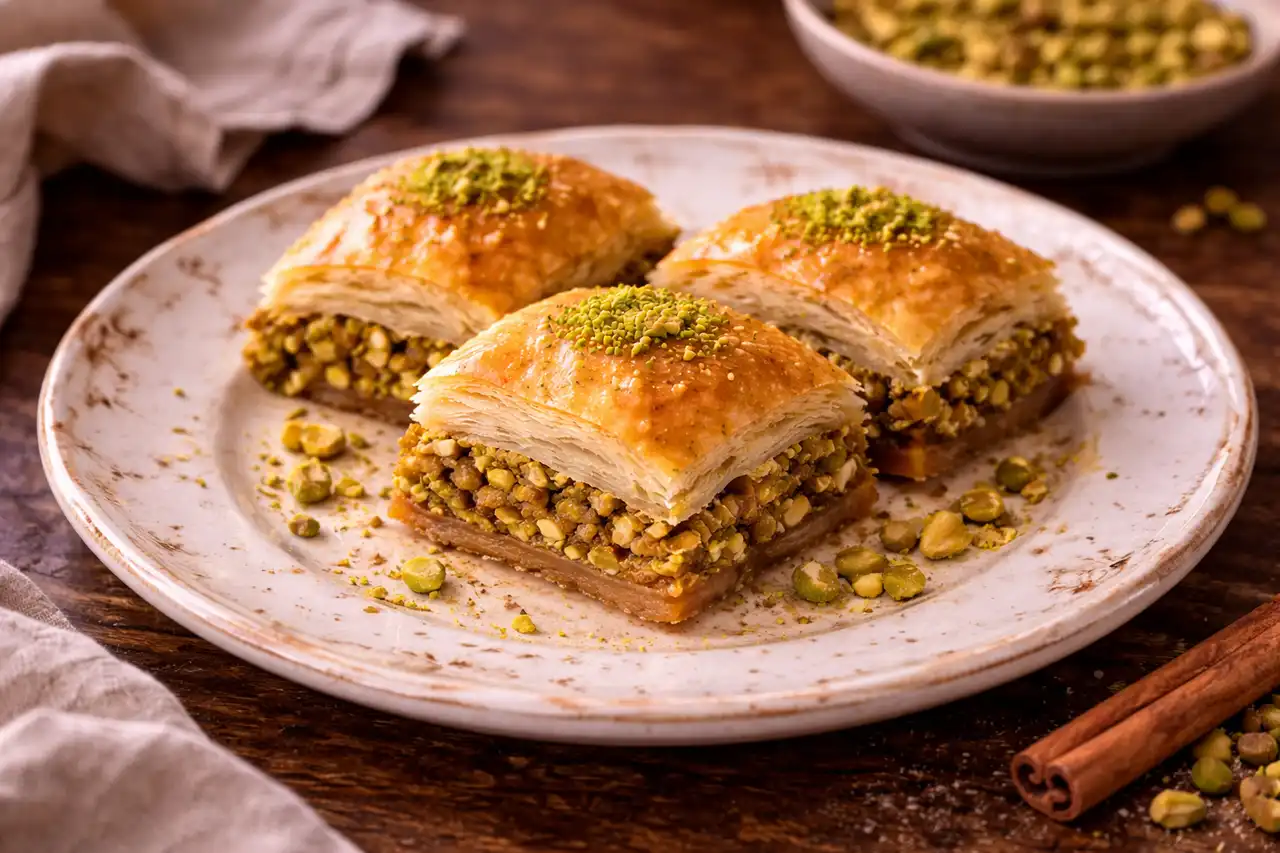 Слоёная восточная выпечка из теста фило с фисташками и медово-лимонным сиропом.