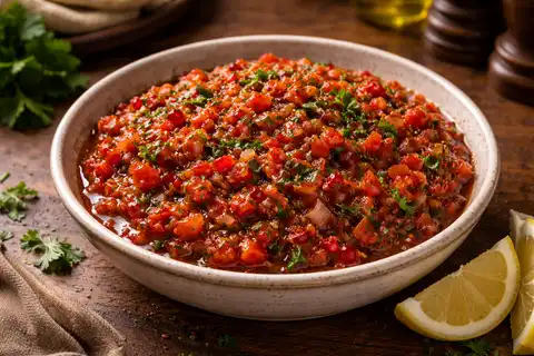 Острая турецкая закуска из томатов, перца и зелени с гранатовым сиропом и оливковым маслом.