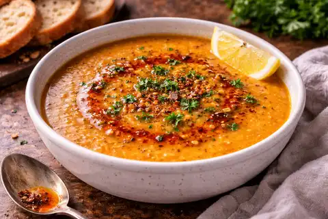 Нежный турецкий суп-пюре из красной чечевицы с овощами, лимоном и пряной масляной подачей.