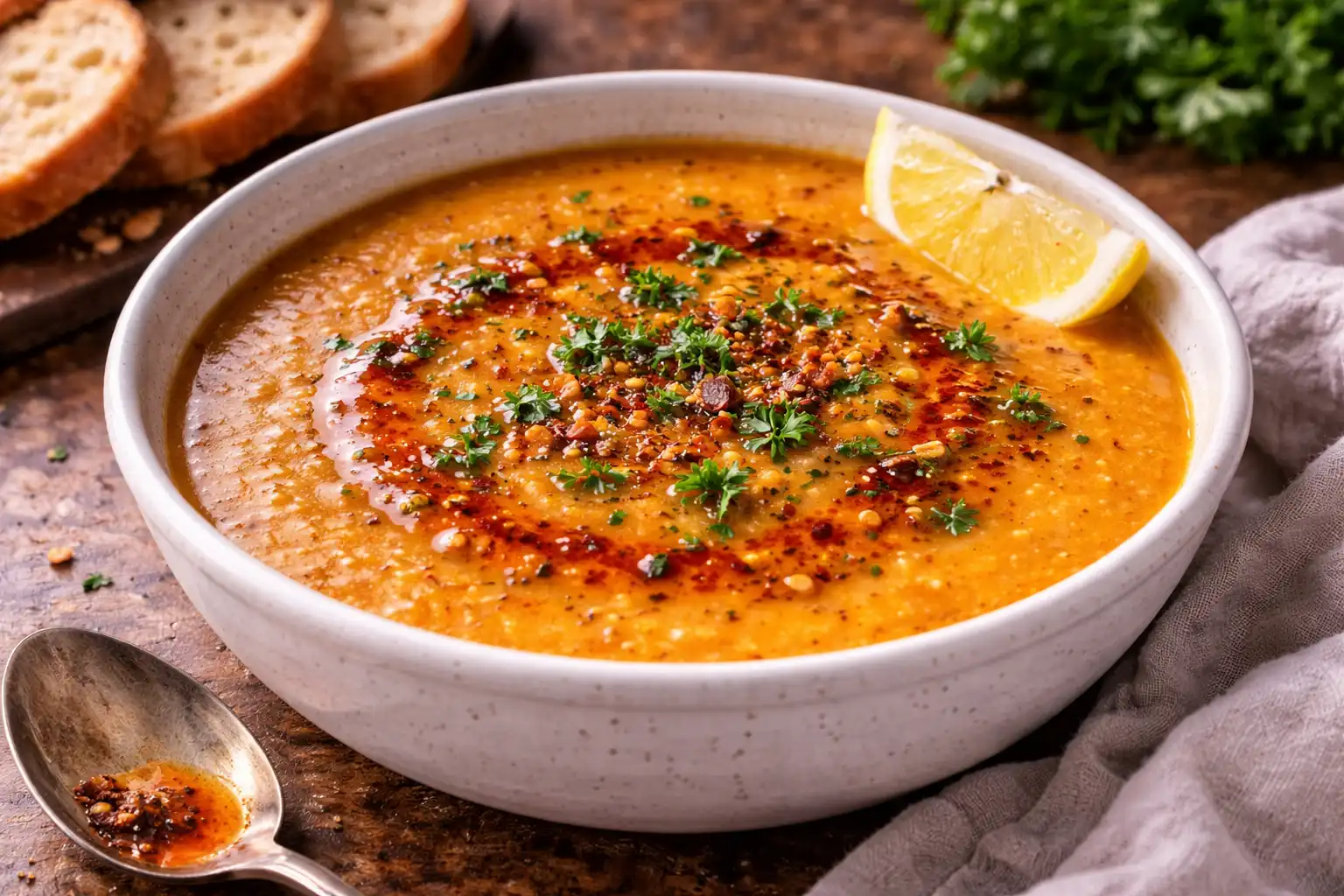 Нежный турецкий суп-пюре из красной чечевицы с овощами, лимоном и пряной масляной подачей.