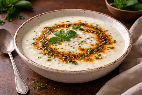 Традиционный турецкий суп на йогурте и рисе с мятным маслом и мягким сливочным вкусом.