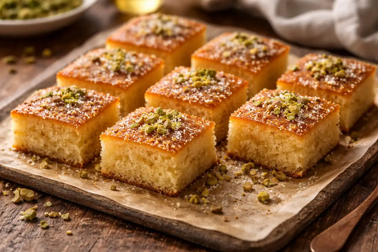 Нежный турецкий манный пирог, пропитанный лимонным сиропом и подаваемый охлаждённым.