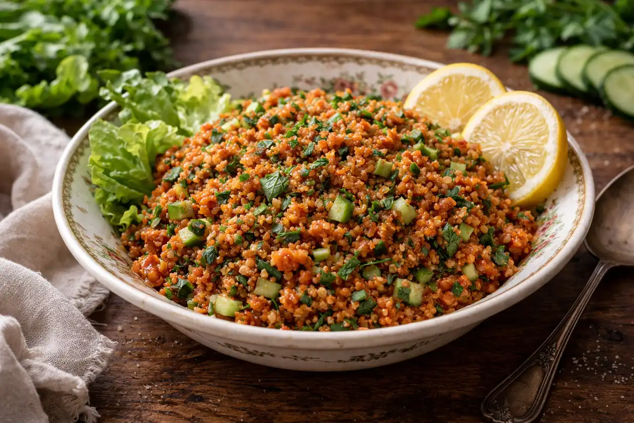 Турецкий салат из булгура с томатной пастой, свежей зеленью и яркой лимонной заправкой.