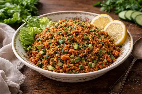 Турецкий салат из булгура с томатной пастой, свежей зеленью и яркой лимонной заправкой.