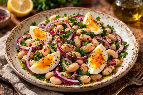 Свежий турецкий салат из белой фасоли с луком, петрушкой и яркой лимонно-уксусной заправкой.