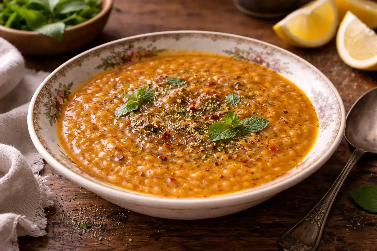 Пряный турецкий суп из красной чечевицы, булгура и риса с томатно-мятной заправкой.
