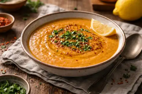 Нежный турецкий суп из красной чечевицы с овощной основой, кумином и лимонной свежестью.