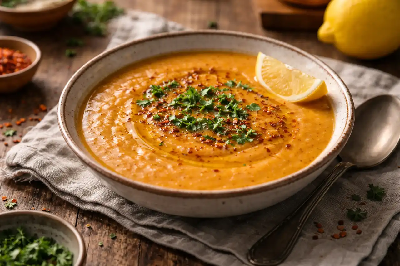 Нежный турецкий суп из красной чечевицы с овощной основой, кумином и лимонной свежестью.