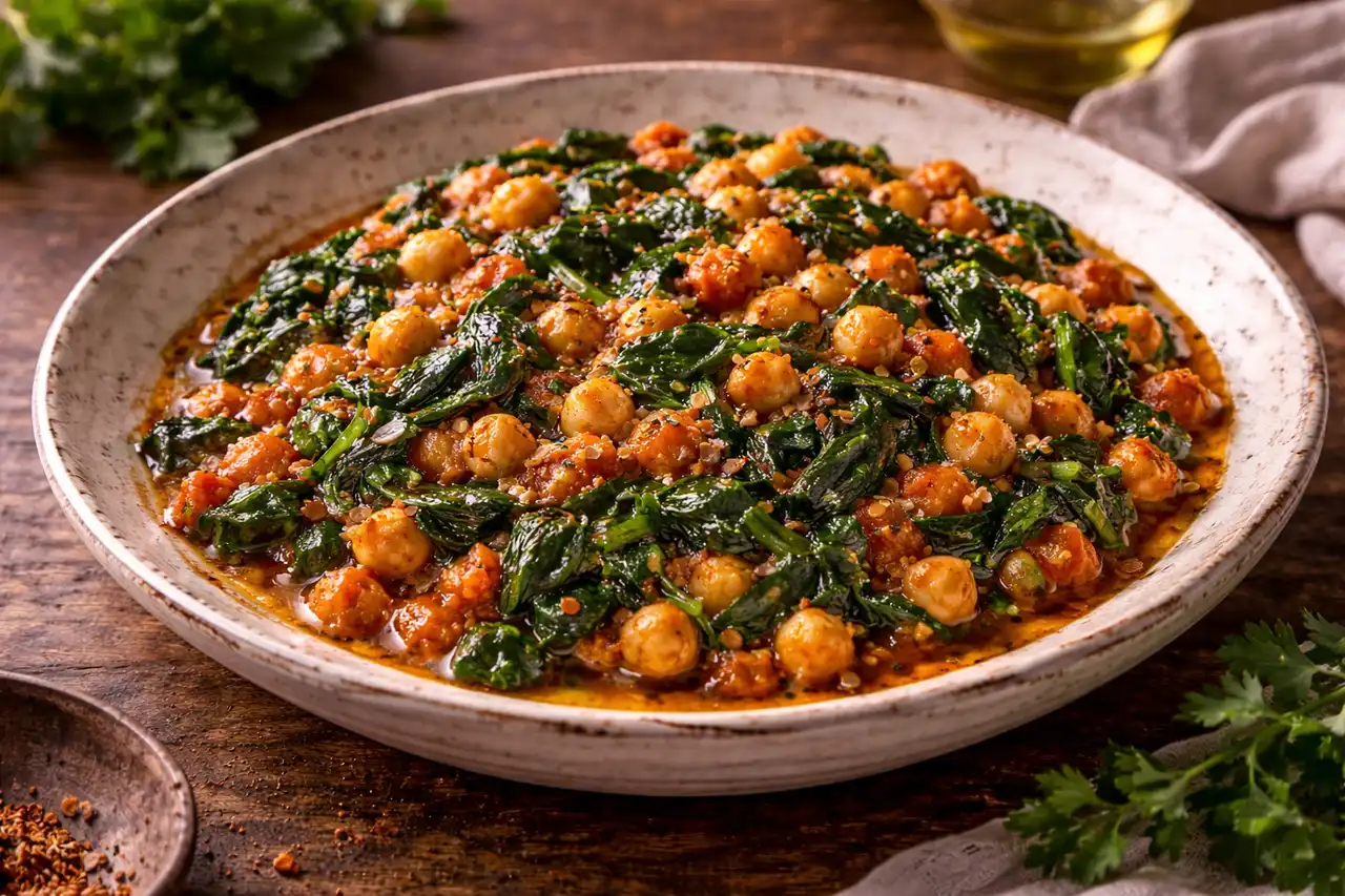 Тёплое андалузское блюдо из нута и шпината с копчёной паприкой, чесноком и томатной основой.