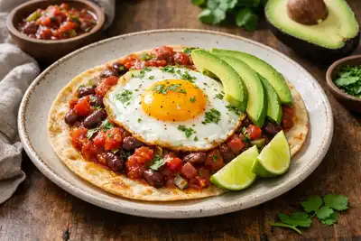 Сытный мексиканский завтрак из яиц, тортильи и томатно-перечного соуса.