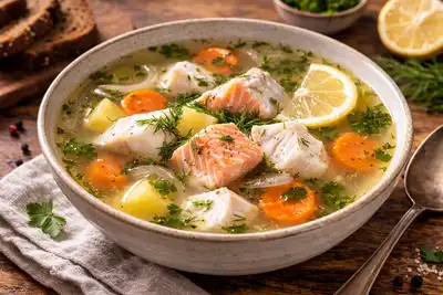 Лёгкая русская уха с прозрачным бульоном, лососем, судаком и ароматом свежего укропа.