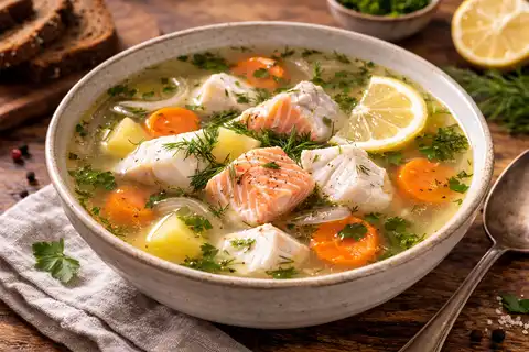 Лёгкая русская уха с прозрачным бульоном, лососем, судаком и ароматом свежего укропа.