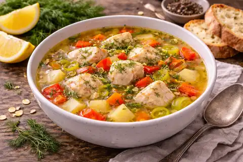 Лёгкий рыбный суп с картофелем, морковью и свежим укропом в лимонном бульоне.