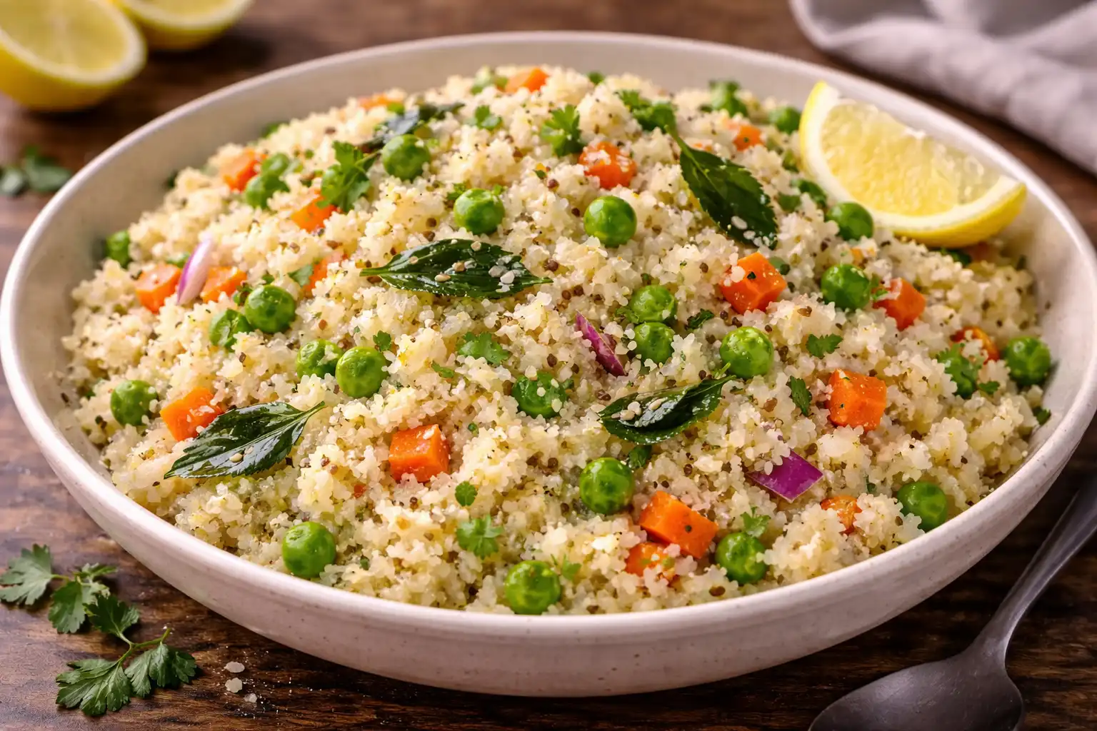 Ароматная индийская упма из манной крупы с овощами, специями и свежей зеленью.