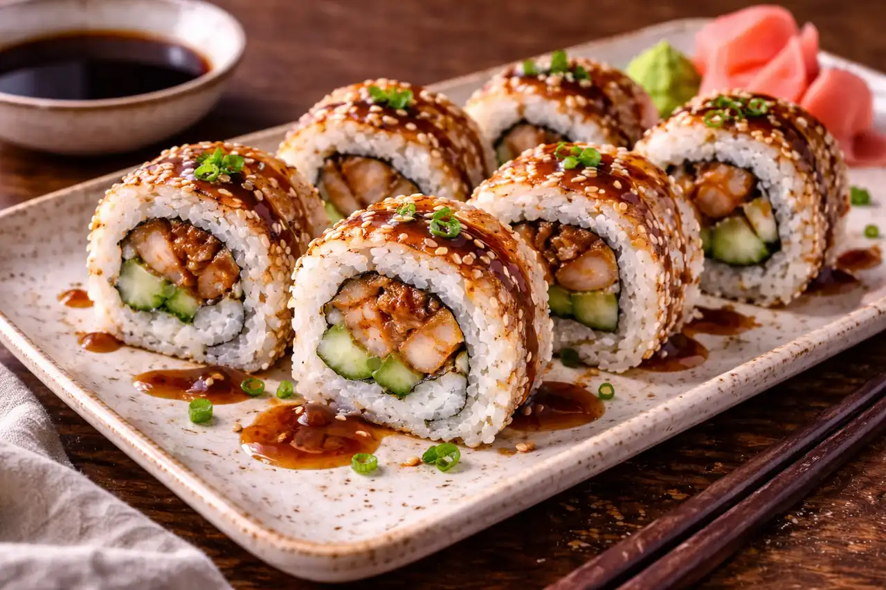 Японские роллы урамаки с копчёным угрём, свежим огурцом и соусом унаги.