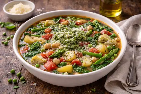 Лёгкий весенний минестроне с молодыми овощами, спаржей и горошком.