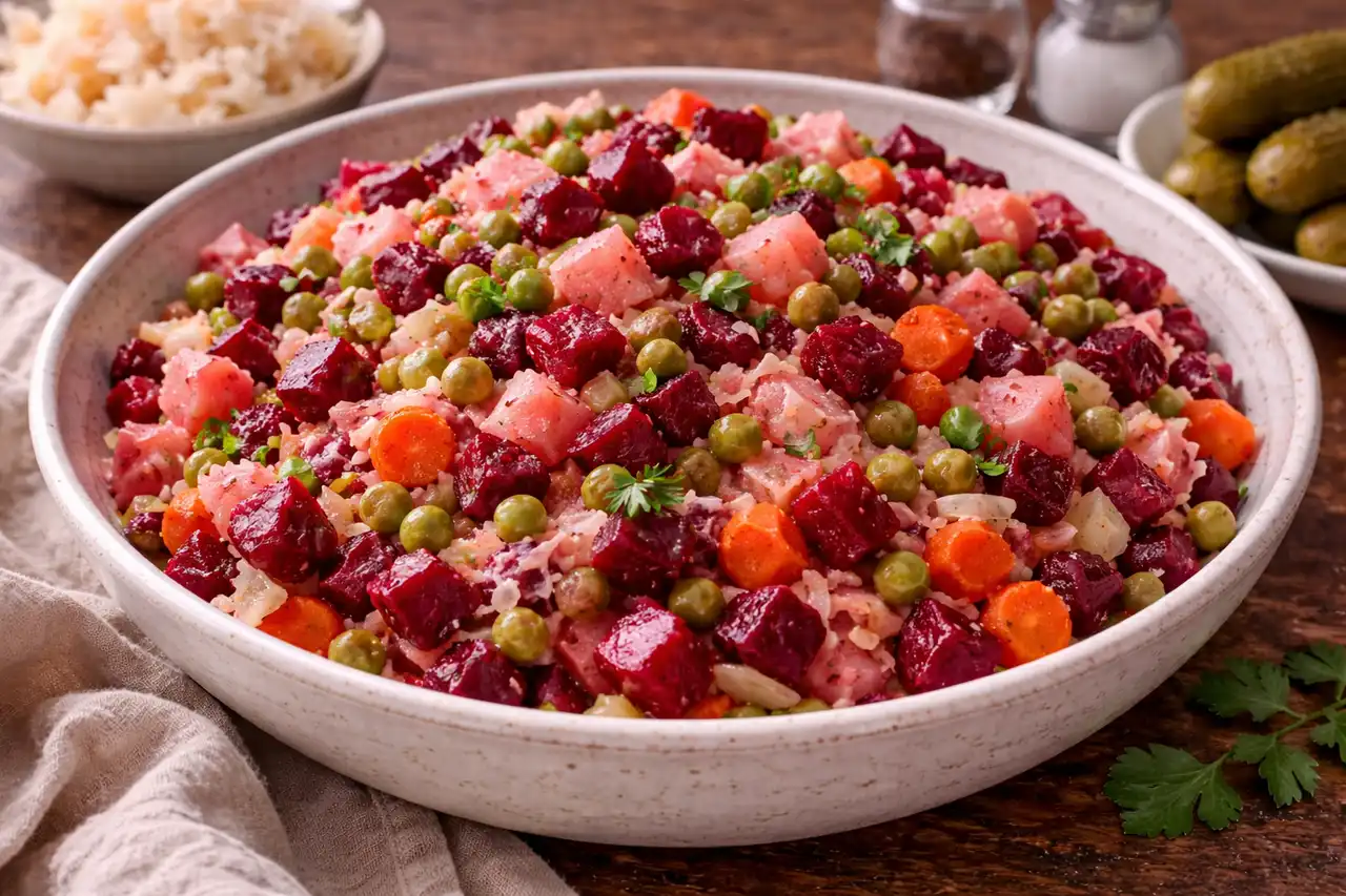 Классический овощной салат со свёклой, картофелем, солёными огурцами и квашеной капустой.