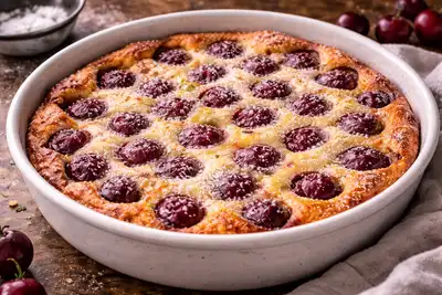 Нежный французский десерт с вишней в легком яично-сливочном тесте и тонкой карамельной корочкой.