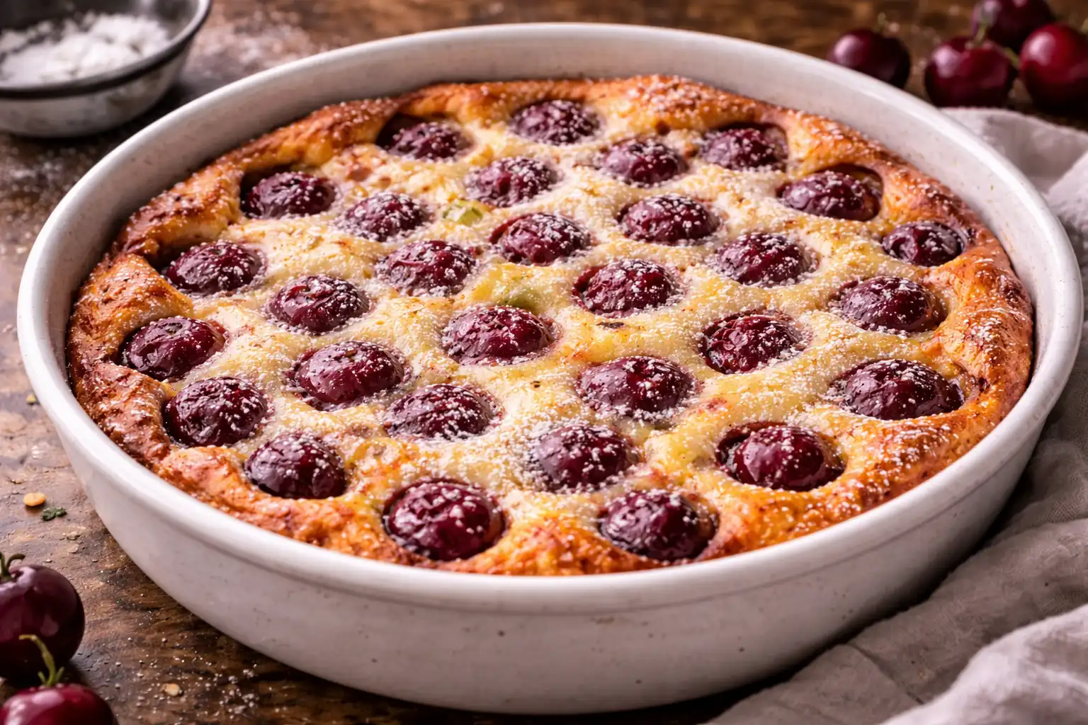 Нежный французский десерт с вишней в легком яично-сливочном тесте и тонкой карамельной корочкой.