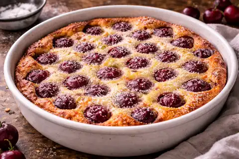 Нежный французский десерт с вишней в легком яично-сливочном тесте и тонкой карамельной корочкой.