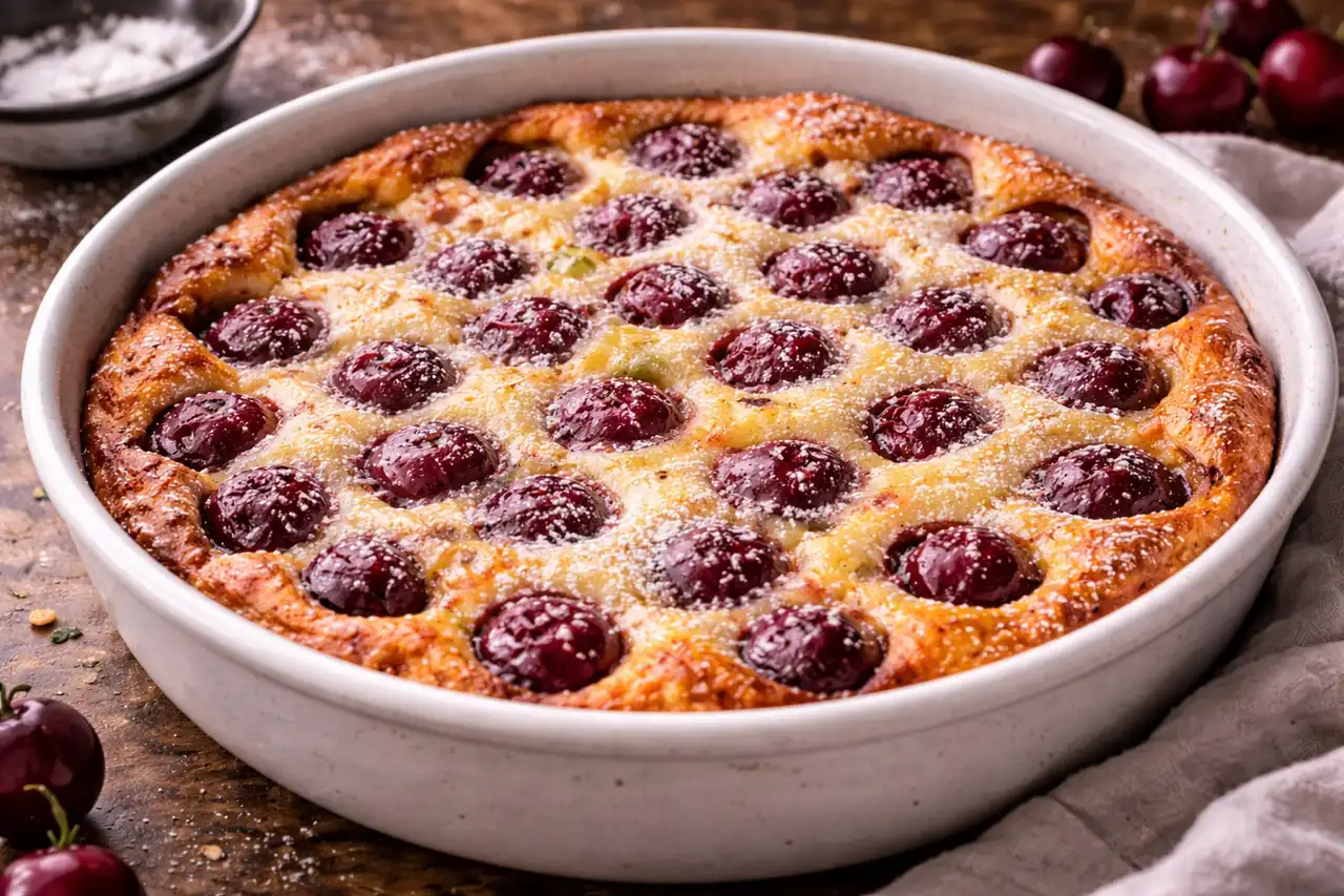 Нежный французский десерт с вишней в легком яично-сливочном тесте и тонкой карамельной корочкой.