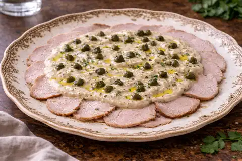 Классическая итальянская закуска из тонко нарезанной телятины под нежным соусом из тунца и каперсов.