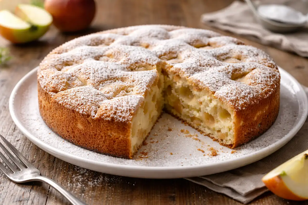 Классический домашний яблочный пирог с воздушным бисквитным тестом и сочной фруктовой начинкой.